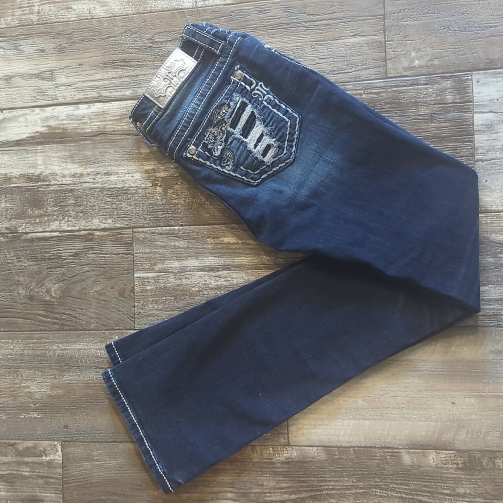 MISS ME "slim bootcut" medium wash denim jeans sz27x34L distressing & bling TALL